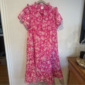 J. Marie Pink Floral Feminine Tiered Midi Boho Dress Size S